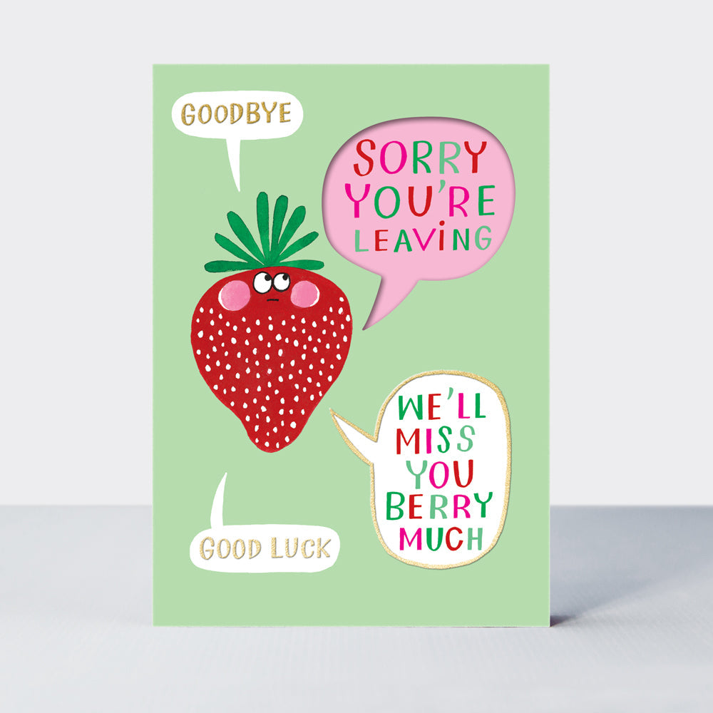 Leaving card featuring a strawberry design by Rachel Ellen Designs