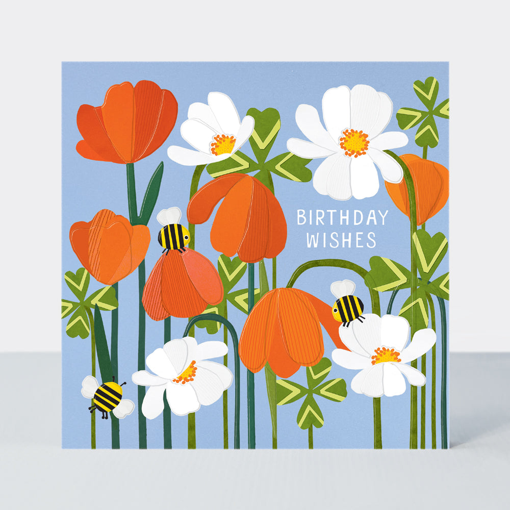 Paper Petals - Birthday Wishes Card - Paper Cut Clover, Cosmos & Bee