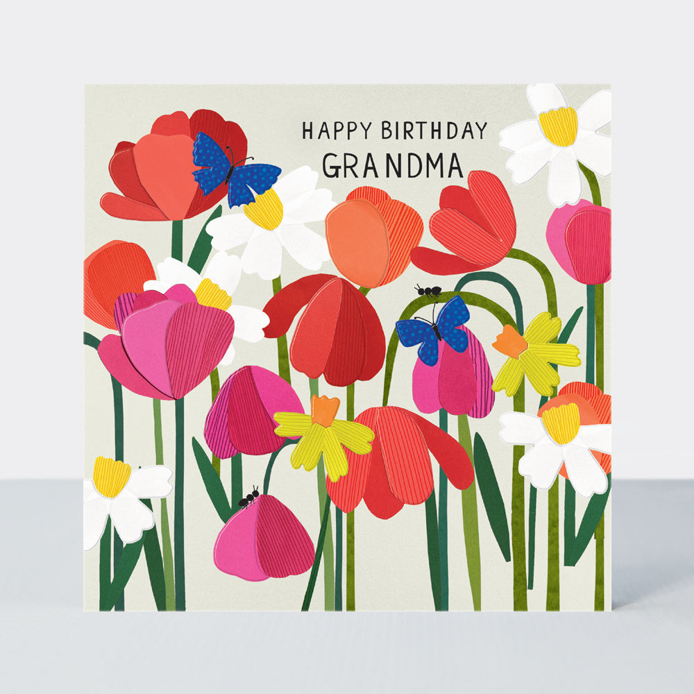 Paper Petals - Grandma Birthday Card - Paper Cut Daffodils, Tulips & Butterflies