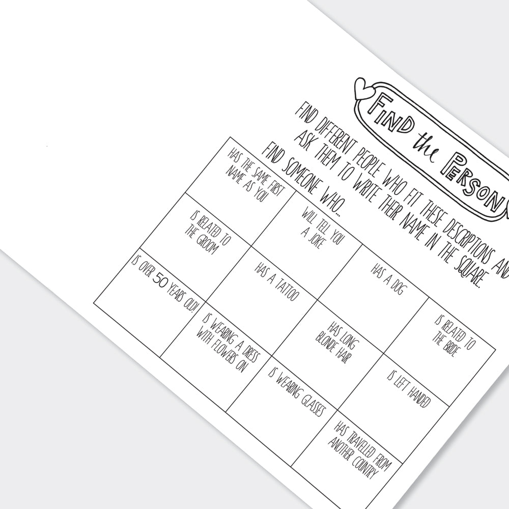 Inside page of wedding activity book showing colouring activities for young guests