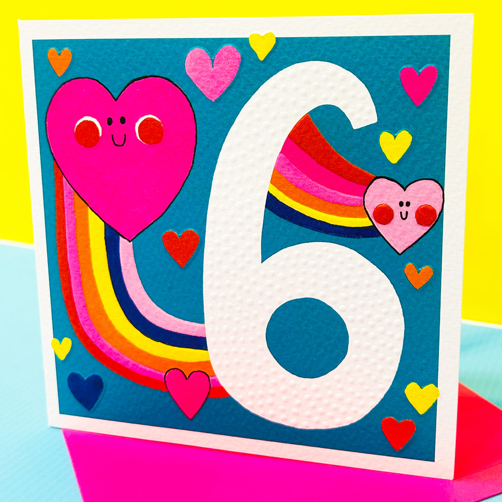 Sweet Pea - Age 6 Girl/Hearts & Rainbows Birthday Card