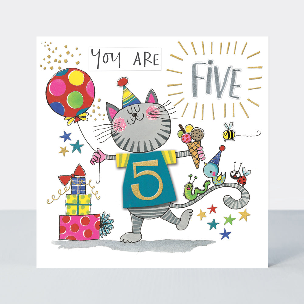 T-Party - Age 5 Birthday Card /Cat, Presents & Balloon