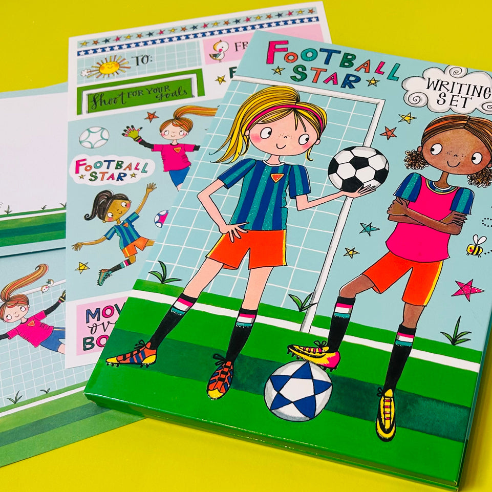 Girls football letter writing set contents inside wallet