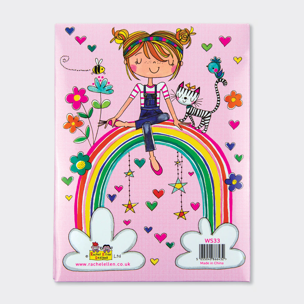 Back cover of Over the Rainbow letter writing set showing contents - lined paper and envelopes