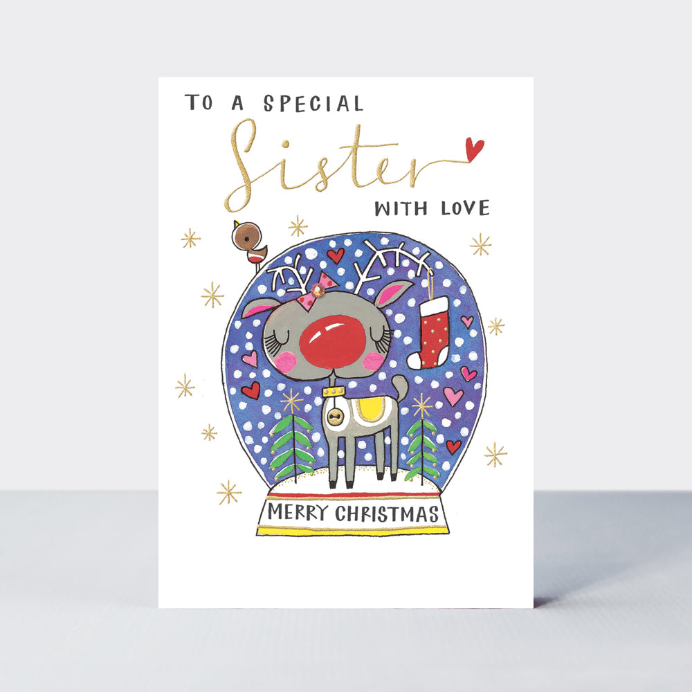 Sugar Plum - Special Sister/Reindeer Snow Globe - Greetings Card