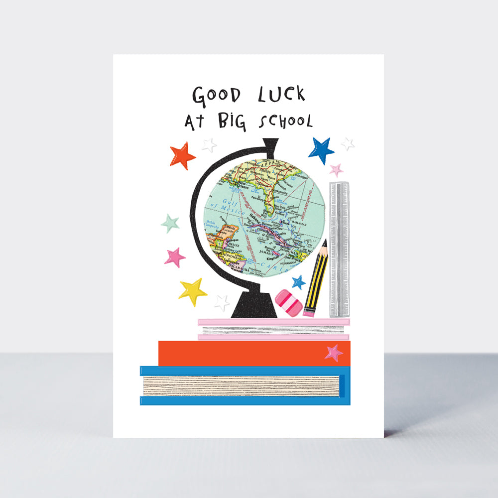 Bookworm - Good Luck At Big School Card - Globe &amp; Stack Of Books