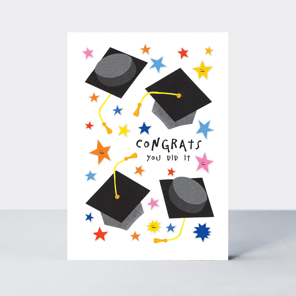 Bookworm - Congrats You Did It Graduation Card - Tossing Caps &amp; Stars