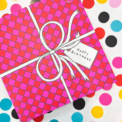 Scatter Brain - Happy Birthday/Big Pink &amp; Red Checkerboard Present Birthday Card