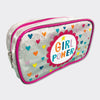 Large Glitter Pencil Case - Silver 'Girl Power' Flower & Hearts