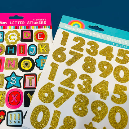 Multi-Colour Gold Glitter Letter Stickers - 4 Sheets