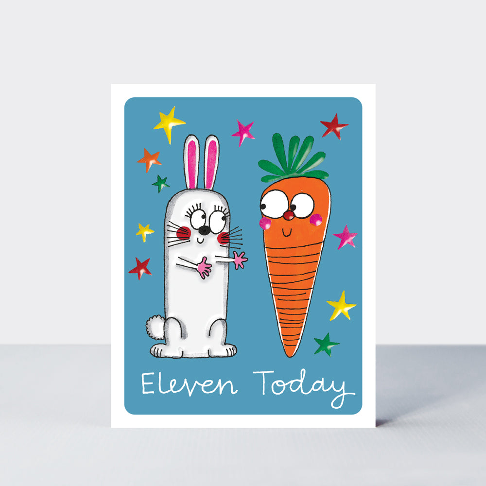 Hey! Age 11 Birthday card - Rabbit &amp; Carrot