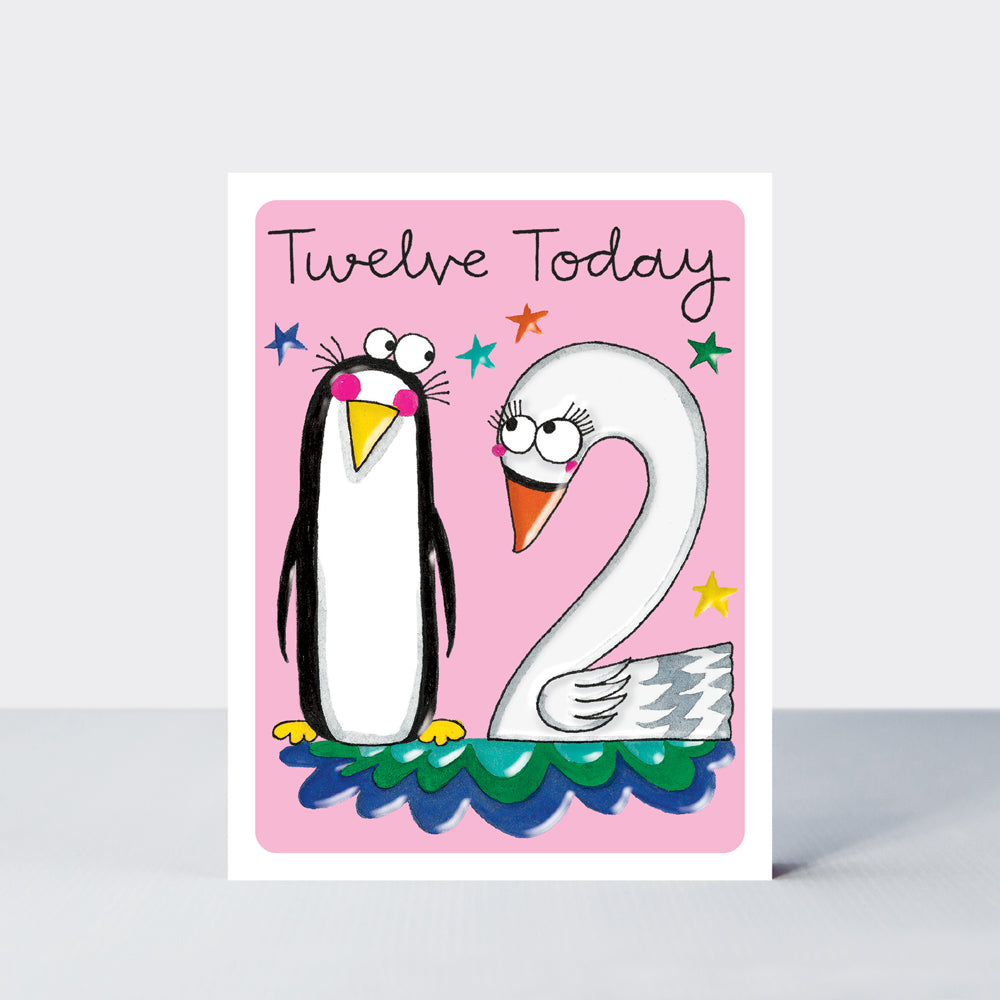 Hey! Age 12 Birthday card - Penguin &amp; Swan