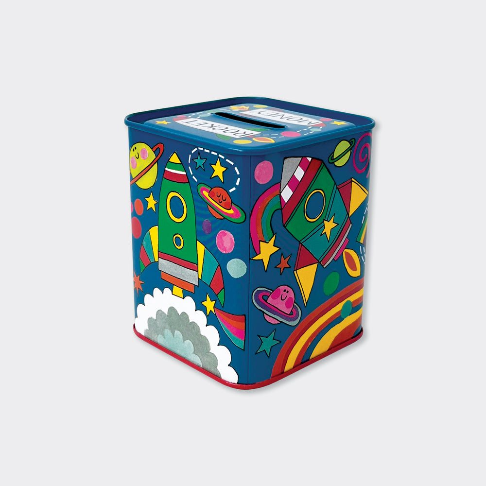 Rocket Space Kids Money Box Tin