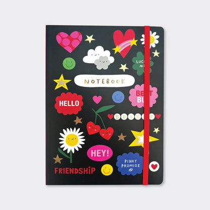 Notebook with colorful friendship themed design on a black background