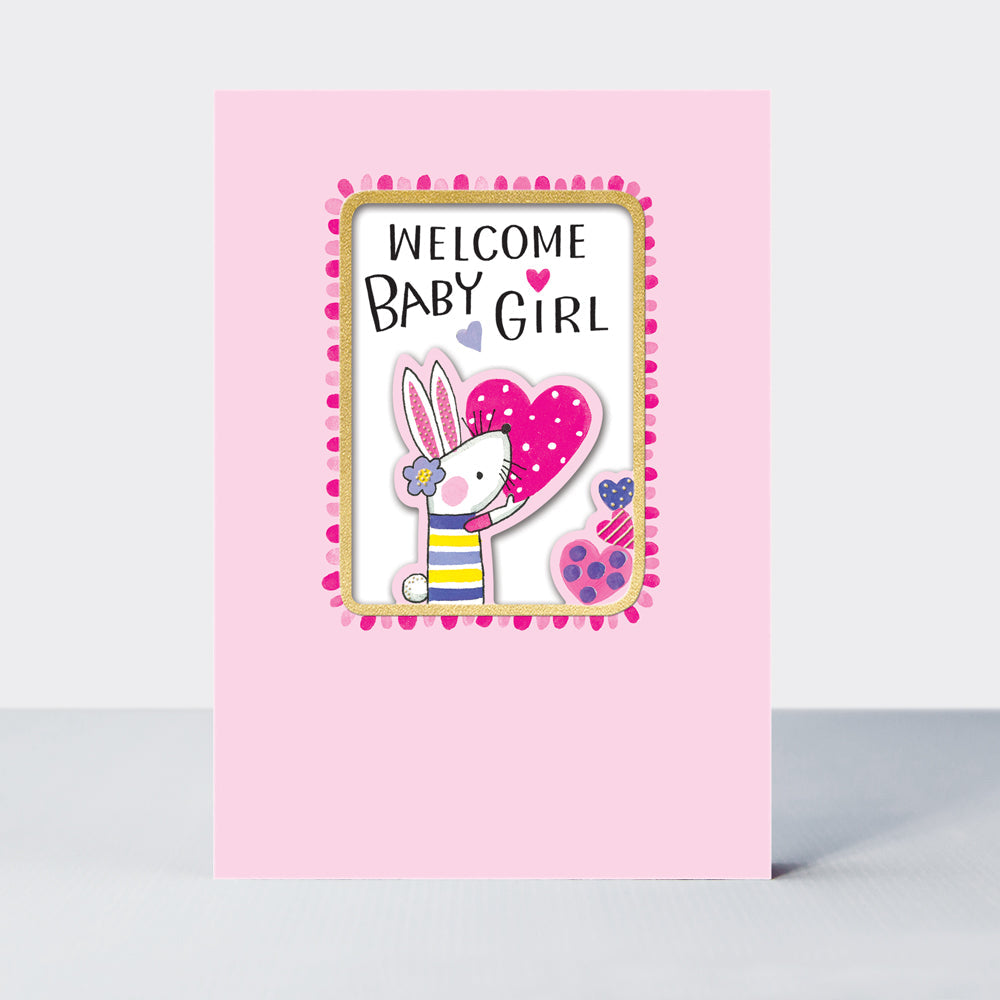 New baby girl card featuring a rabbit design by Rachel Ellen Designs