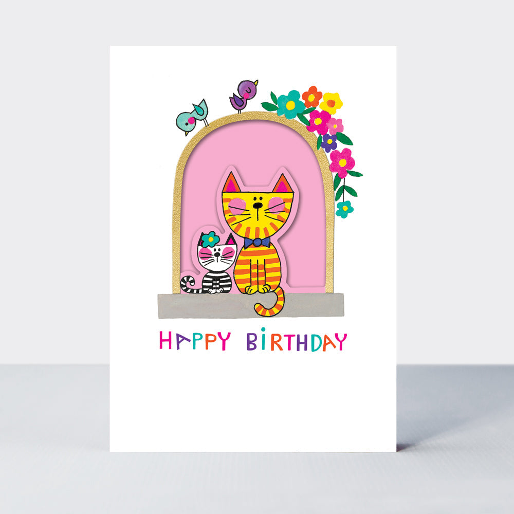 Birthday card featuring cats in a window design by Rachel Ellen Designs