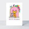Birthday card featuring cats in a window design by Rachel Ellen Designs