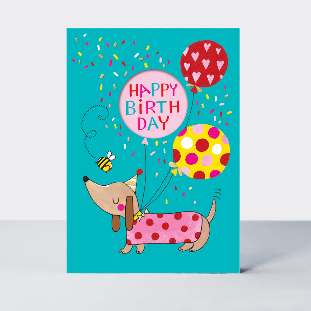 Birthday card featuring a dog and balloons design by Rachel Ellen Designs