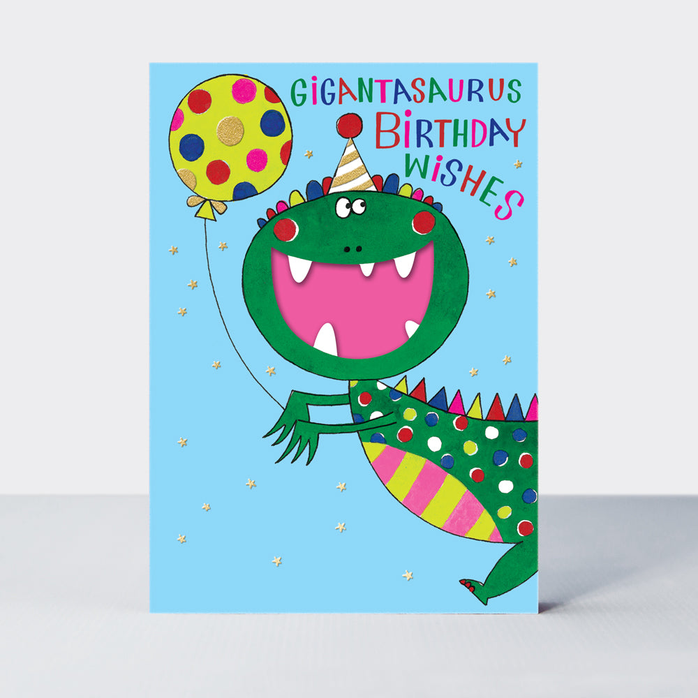 Gigantasaurus birthday card featuring a dinosaur design by Rachel Ellen Designs