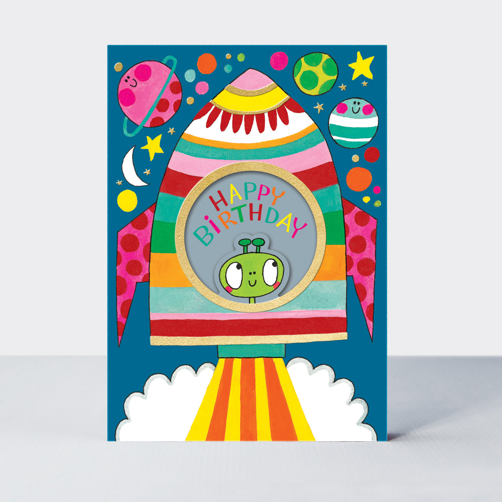Birthday card featuring a rocket design by Rachel Ellen Designs