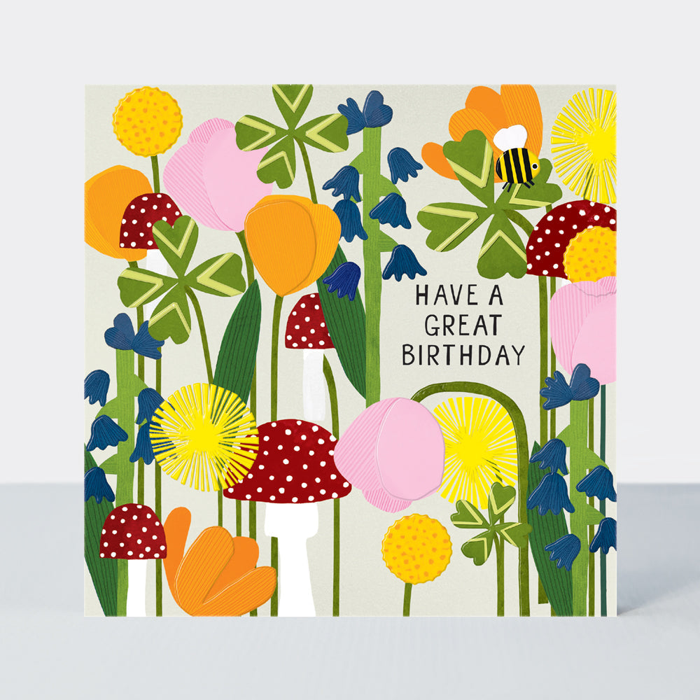 Paper Petals - Have a Great Birthday Card - Paper Cut Petals, Toadstool &amp; Bee
