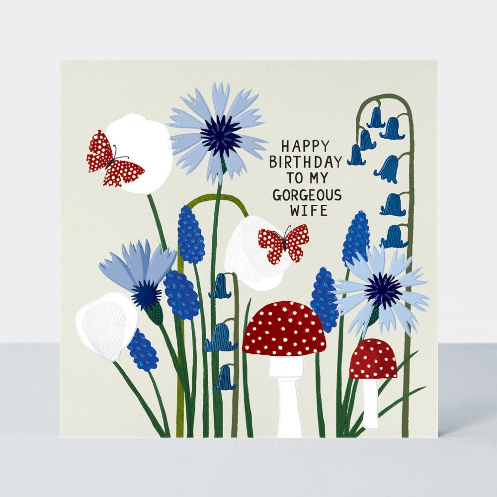 Paper Petals - Gorgeous Wife Birthday Card - Paper Cut Petals, Toadstools &amp; Butterflies