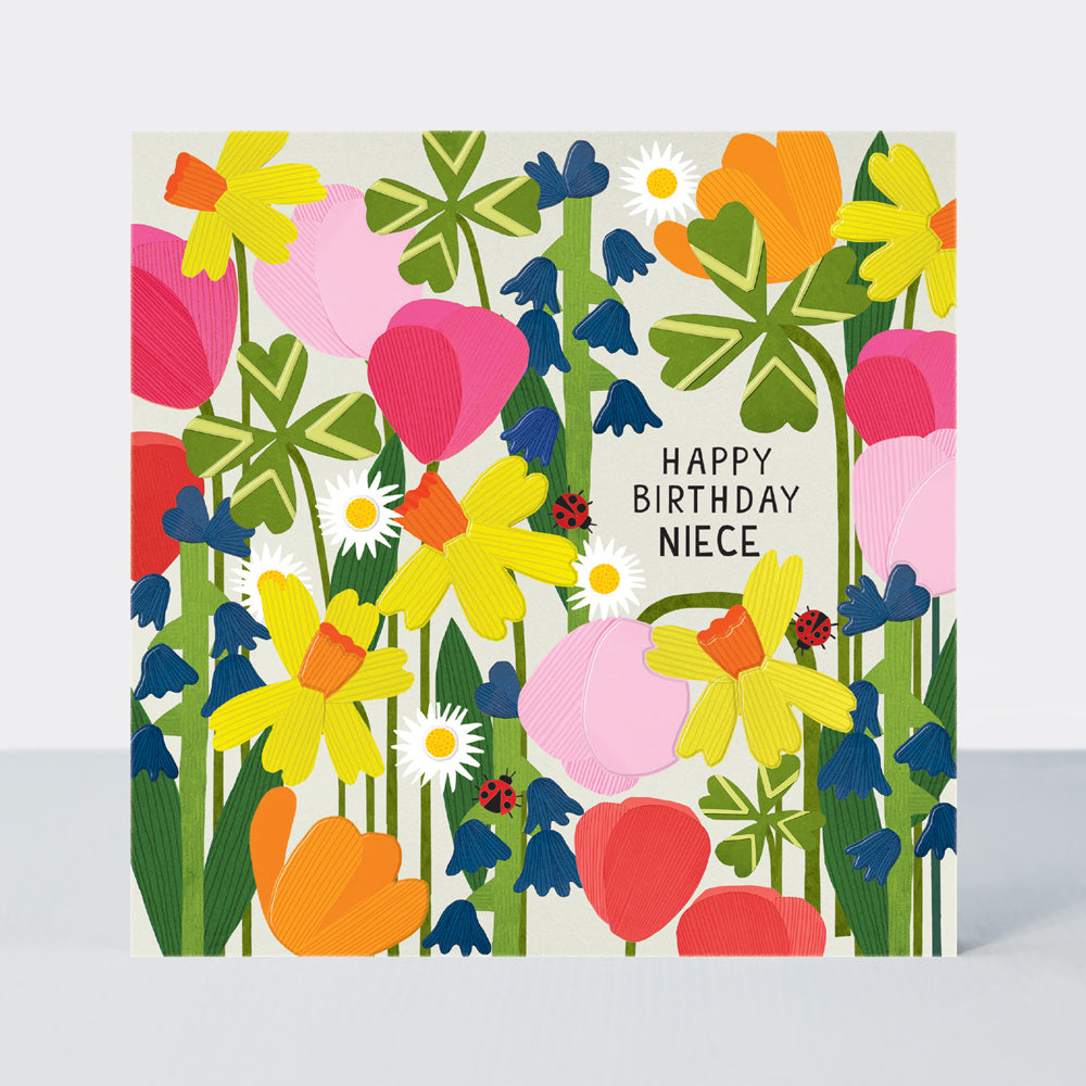 Paper Petals - Niece Birthday Card - Paper Cut Spring Blooms &amp; Ladybirds