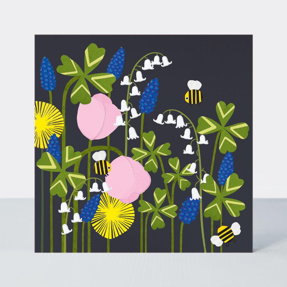Paper Petals - Blank Card - Paper Cut Spring Blooms &amp; Bumble Bee