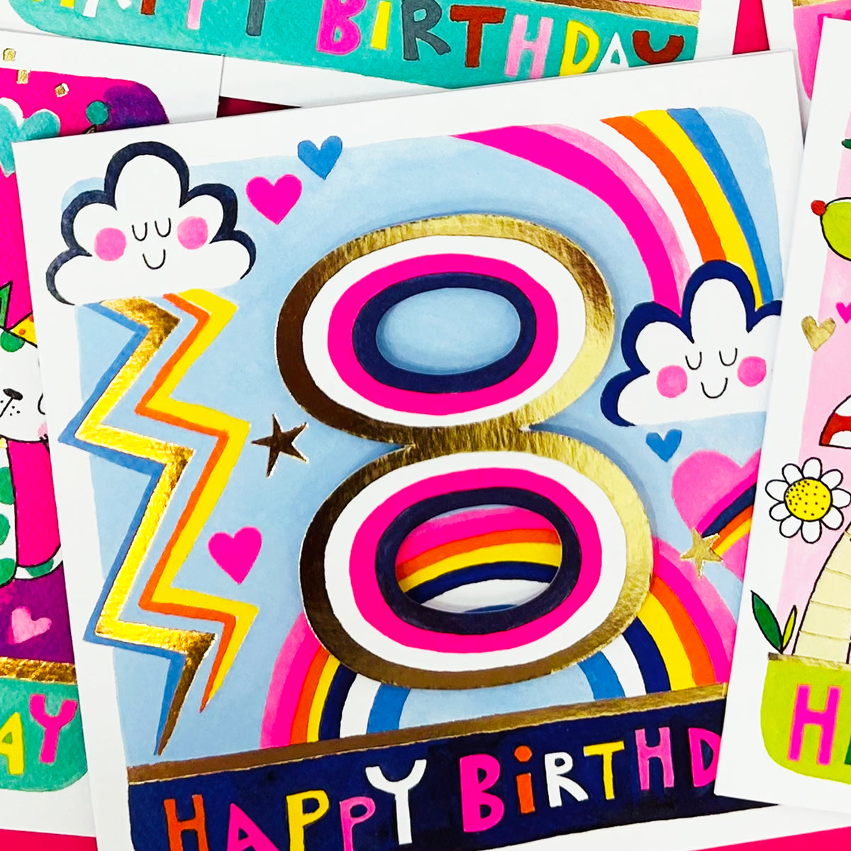 Rhubarb - Age 8 Girl/Rainbows &amp; Clouds birthday card