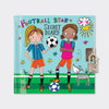 Cover of a lockable secret diary featuring illustrations of two girl football players, a soccer ball, and a small padlock with a key.