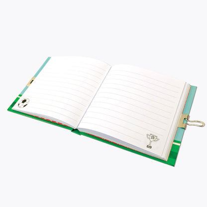 Girls football secret diary open to lined pages with padlock