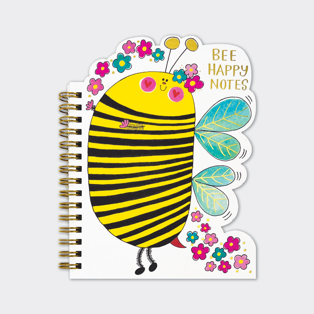 Buzzy Bee Shaped Wire Bound Notebook | Gold Foil &amp; "Bee Happy Notes"