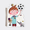 Footballer shaped notebook with die-cut cover featuring gold foil football and sports details