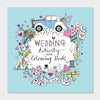 A cover illustration of a Wedding Activity and Colouring Book with wedding-themed decorations, including flowers, a cake, and a car.