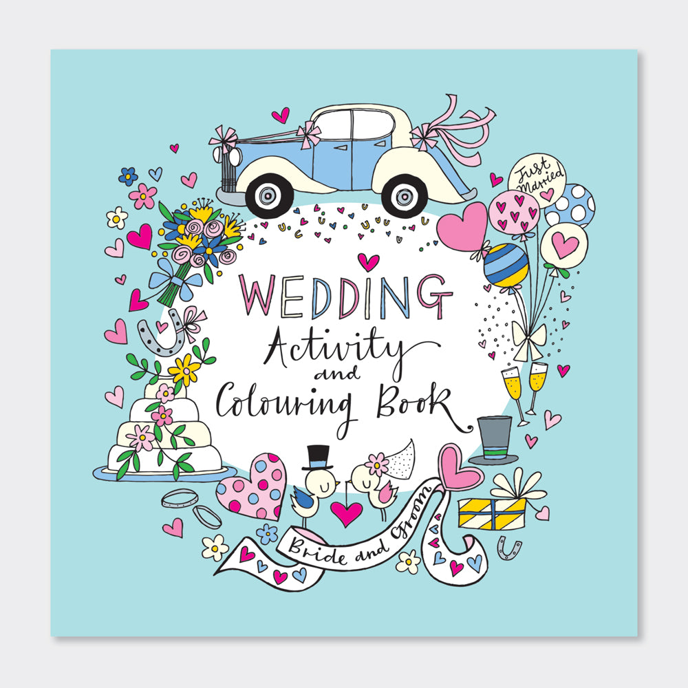 A cover illustration of a Wedding Activity and Colouring Book with wedding-themed decorations, including flowers, a cake, and a car.