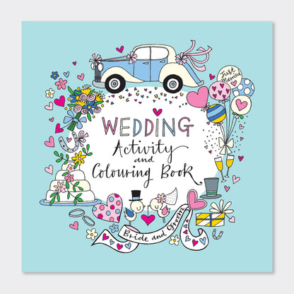 A cover illustration of a Wedding Activity and Colouring Book with wedding-themed decorations, including flowers, a cake, and a car.