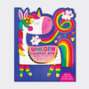 Unicorn colouring book with die-cut cover featuring gold foil horn and magical rainbow details