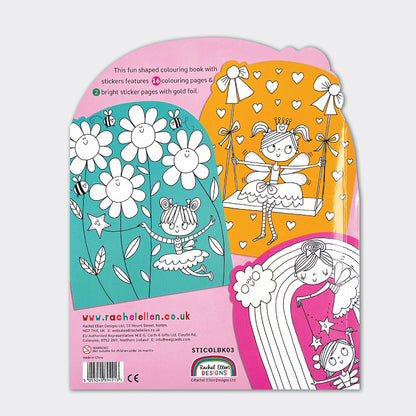Back cover of fairy colouring book showing enchanted illustrations and sparkly stickers