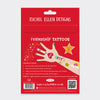 Red packaging of Rachel Ellen Designs friendship tattoos with a hand illustration and text.