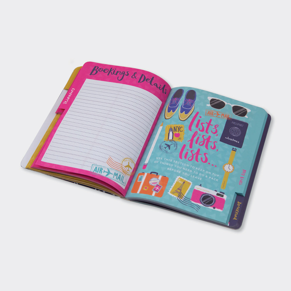 Travel planner itinerary section with bookings and details lined pages