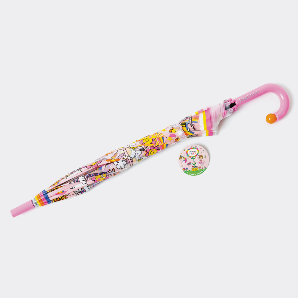 Fairy ballerina umbrella shown closed with pink handle and visible pattern design"