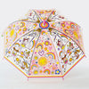 Fairy ballerina umbrella shown fully open from above with pink border and ballerina pattern across dome