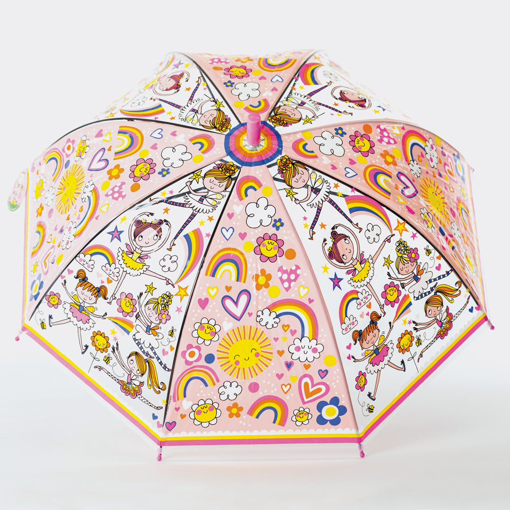 Fairy ballerina umbrella shown fully open from above with pink border and ballerina pattern across dome