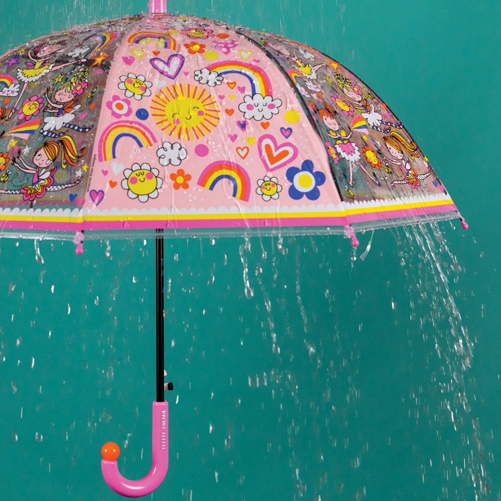 Fairy ballerina childrens umbrella in use showing see-through dome with ballerina and rainbow graphics"