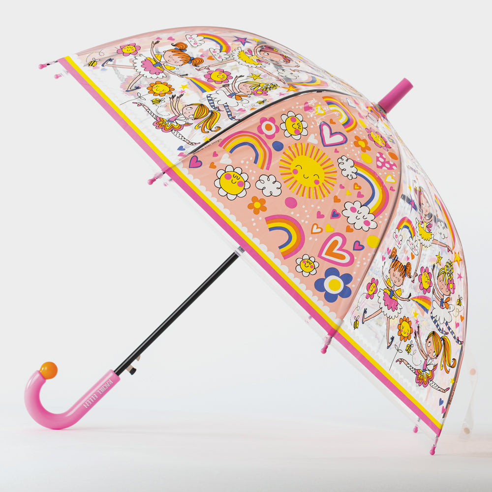 Childrens umbrella with fairy ballerina design featuring pink ballerinas, rainbows, stars and flowers on clear see-through dome
