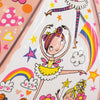 Close-up detail of fairy ballerina umbrella showing pink tutus, rainbows, stars and floral elements