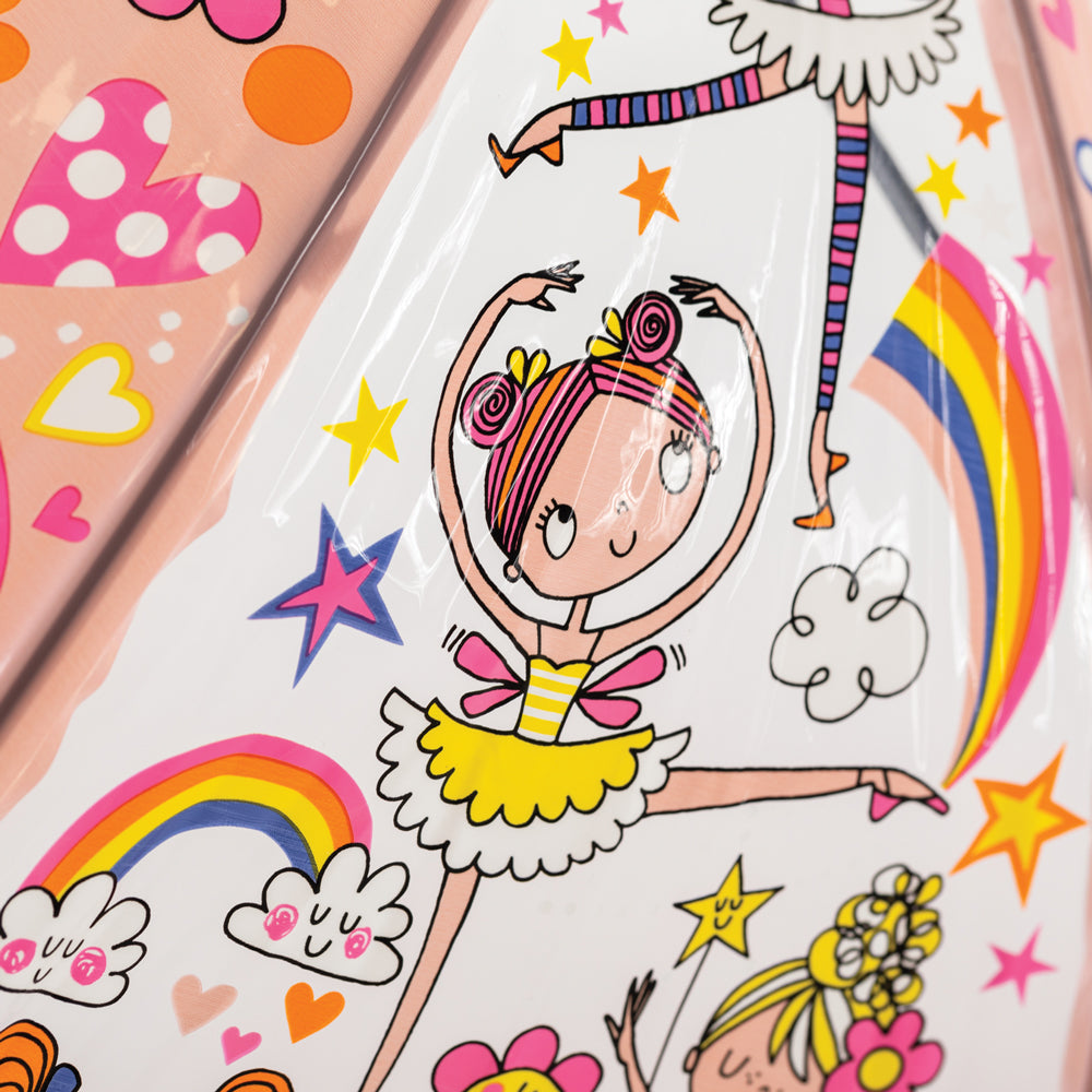 Close-up detail of fairy ballerina umbrella showing pink tutus, rainbows, stars and floral elements