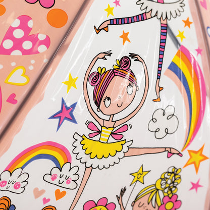 Close-up detail of fairy ballerina umbrella showing pink tutus, rainbows, stars and floral elements