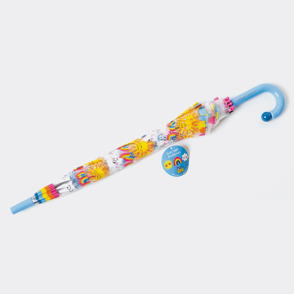 Sun rainbows and clouds umbrella blue curved handle with auto-open button"