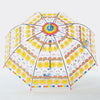 Sun rainbows and clouds umbrella shown fully open from above with rainbow striped border and sun pattern